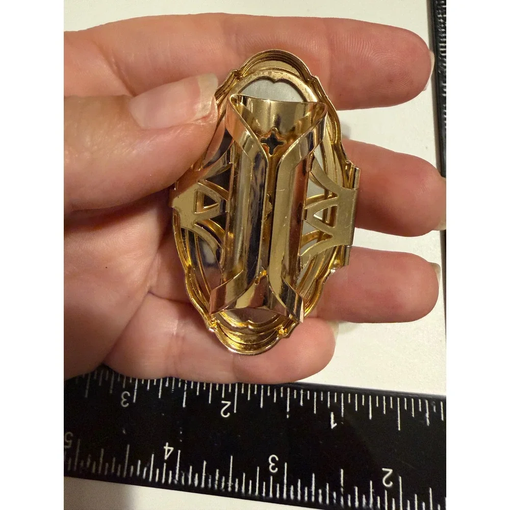 Vintage Gold Tone Lipstick Holder Case with Mirror Blue Floral Fabric Inlay